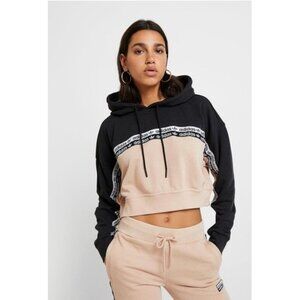 Adidas Women's Cropped Striped Colorblock Hoodie Black Beige Size S Sweatshirt